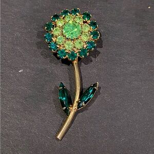 Stunning Uranium Glass and Emerald Green and Gold Tone Floral Brooch